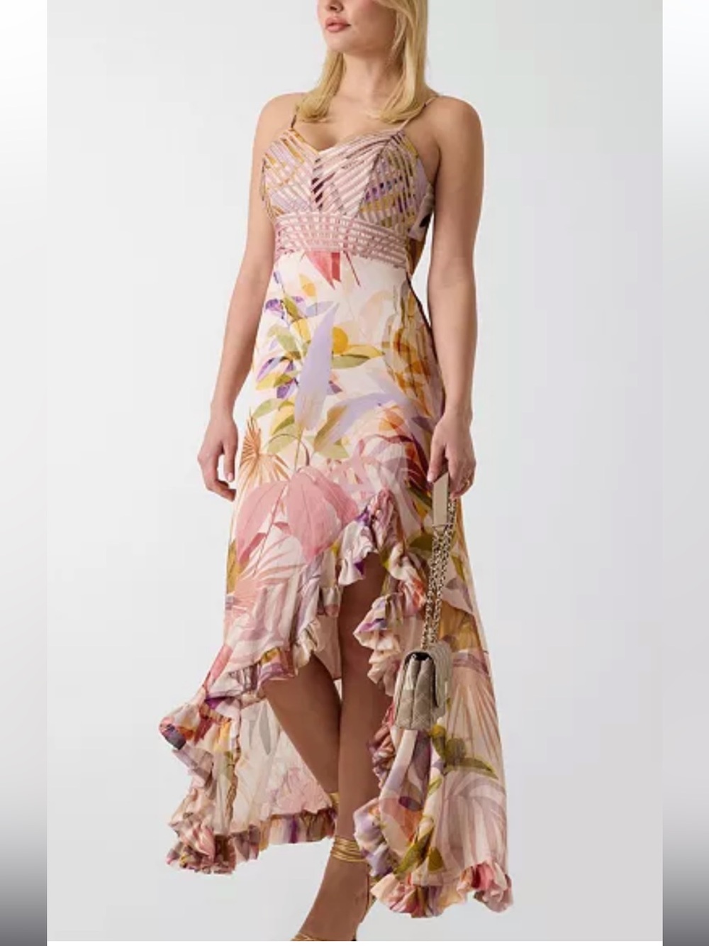 Guess Amina Sleeveless Pink Multi-Color Floral Ruffle Maxi Dress